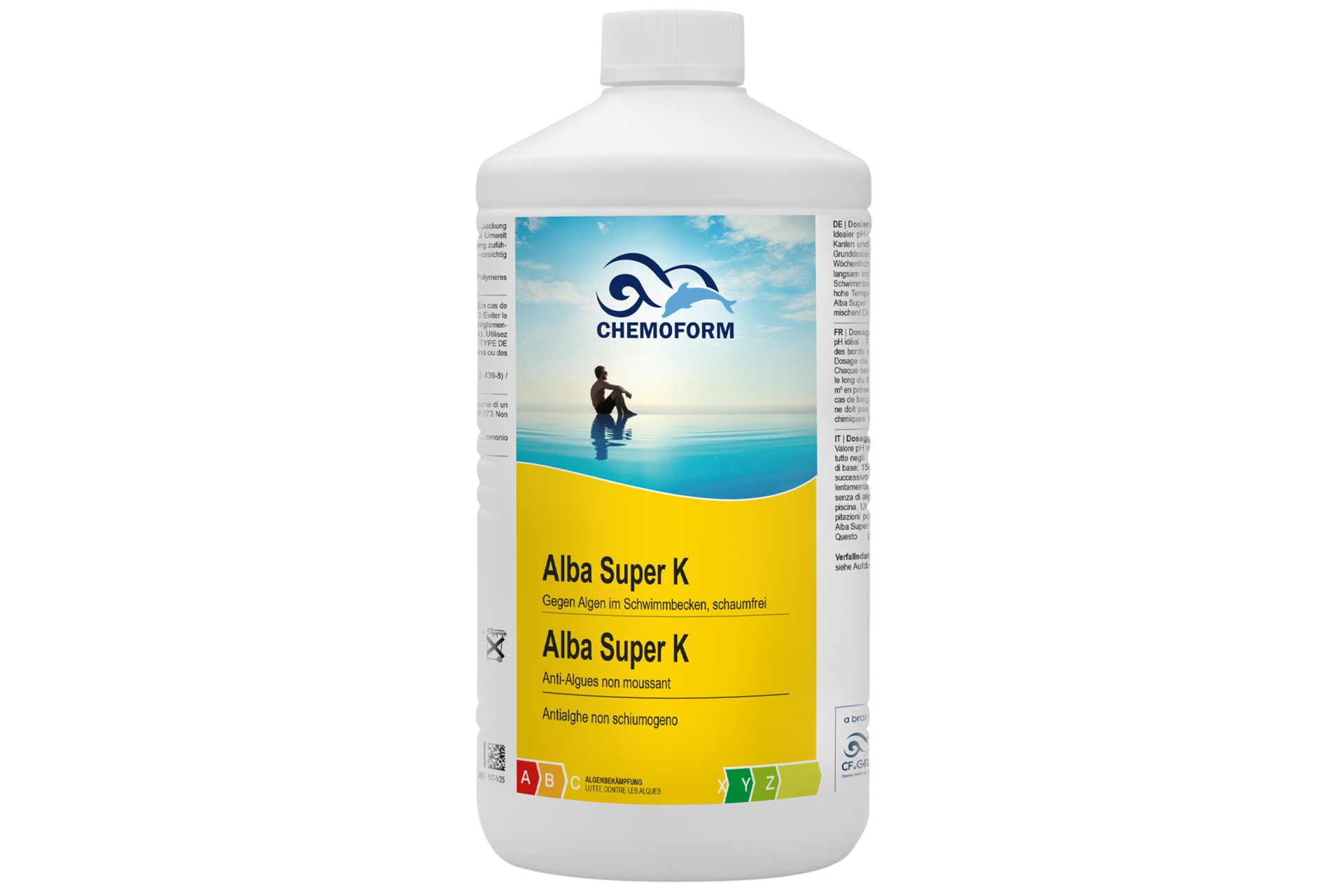 Chemoform Alba Super K Algenschutzmittel für Pools, schaumfrei, in weißer Flasche mit gelbem Etikett