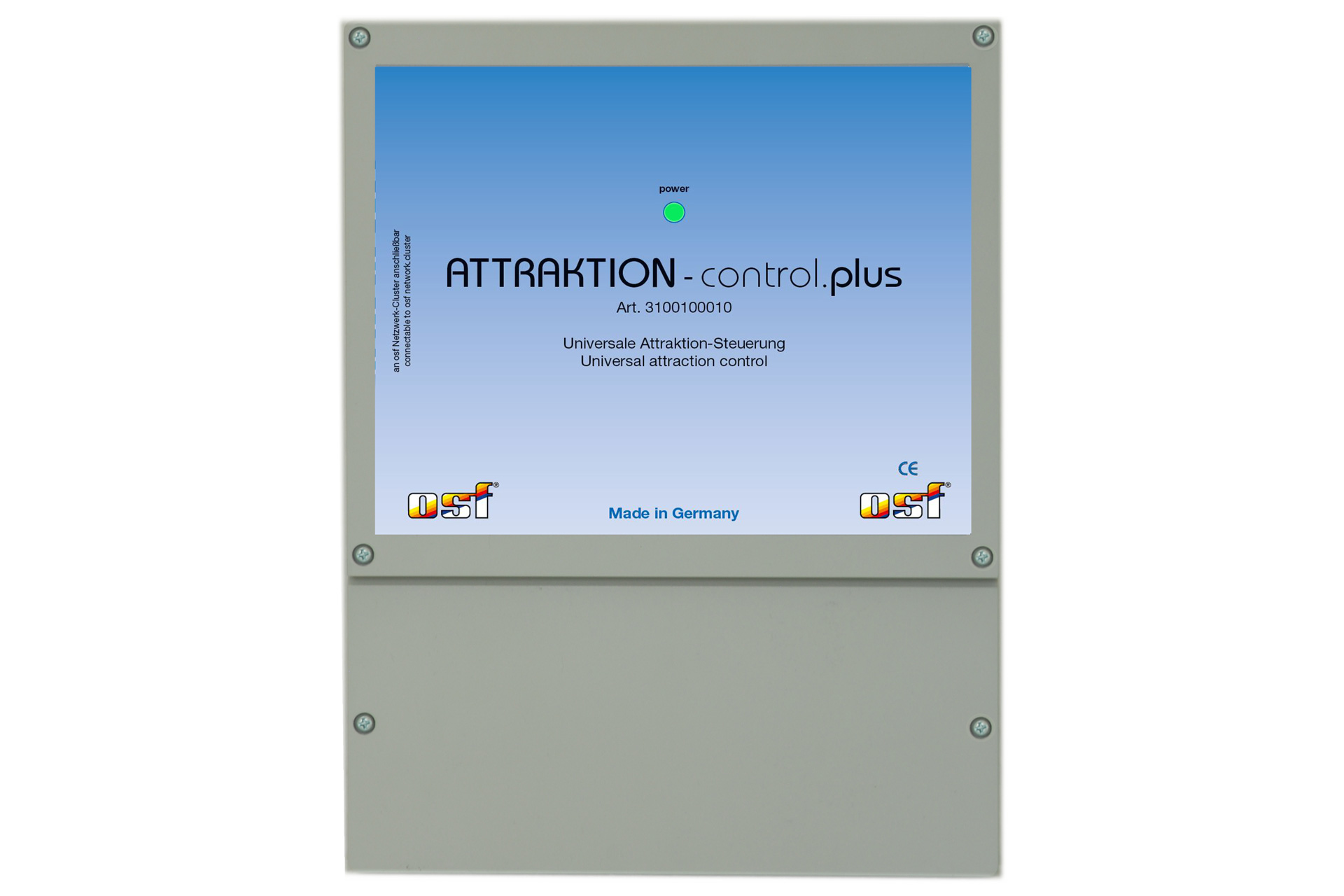 Attraktion-Control.plus Poolsteuerung, graues Gehäuse mit blauem Display, grüne Power-LED