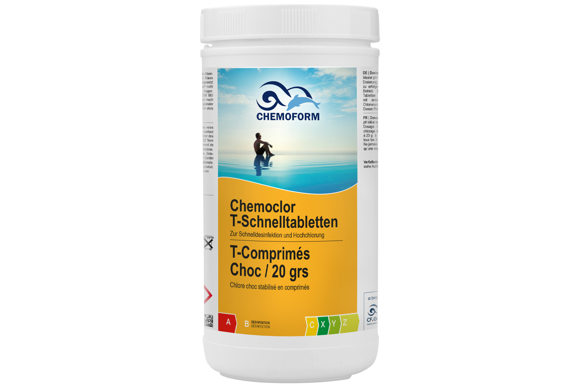 Chemoclor T-Schnelltabletten in weißer Dose mit blau-gelbem Etikett
