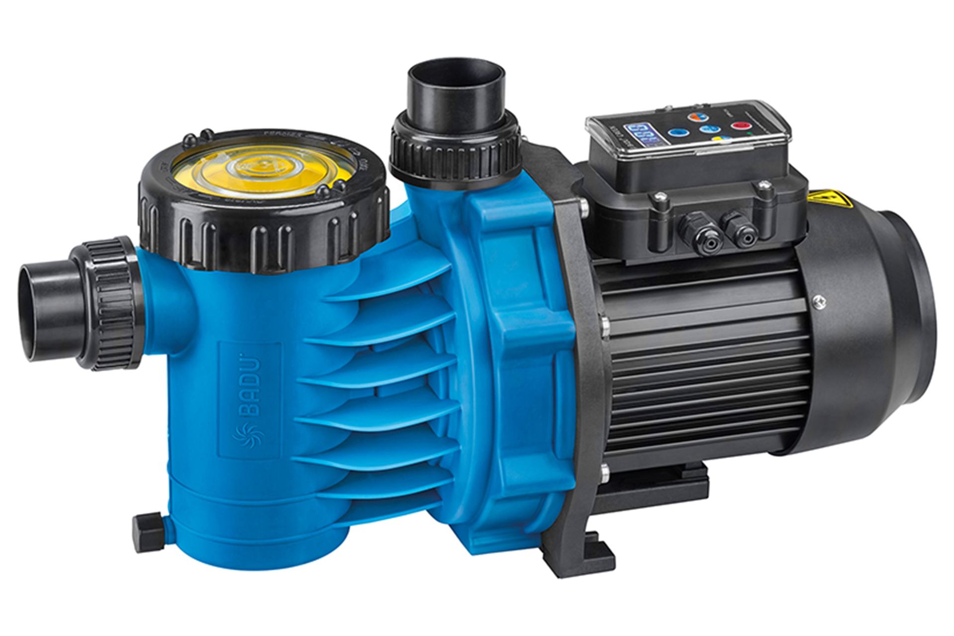 Badu Eco Soft drehzahlgeregelte Poolpumpe, blaues Gehäuse mit schwarzem Motor und Display