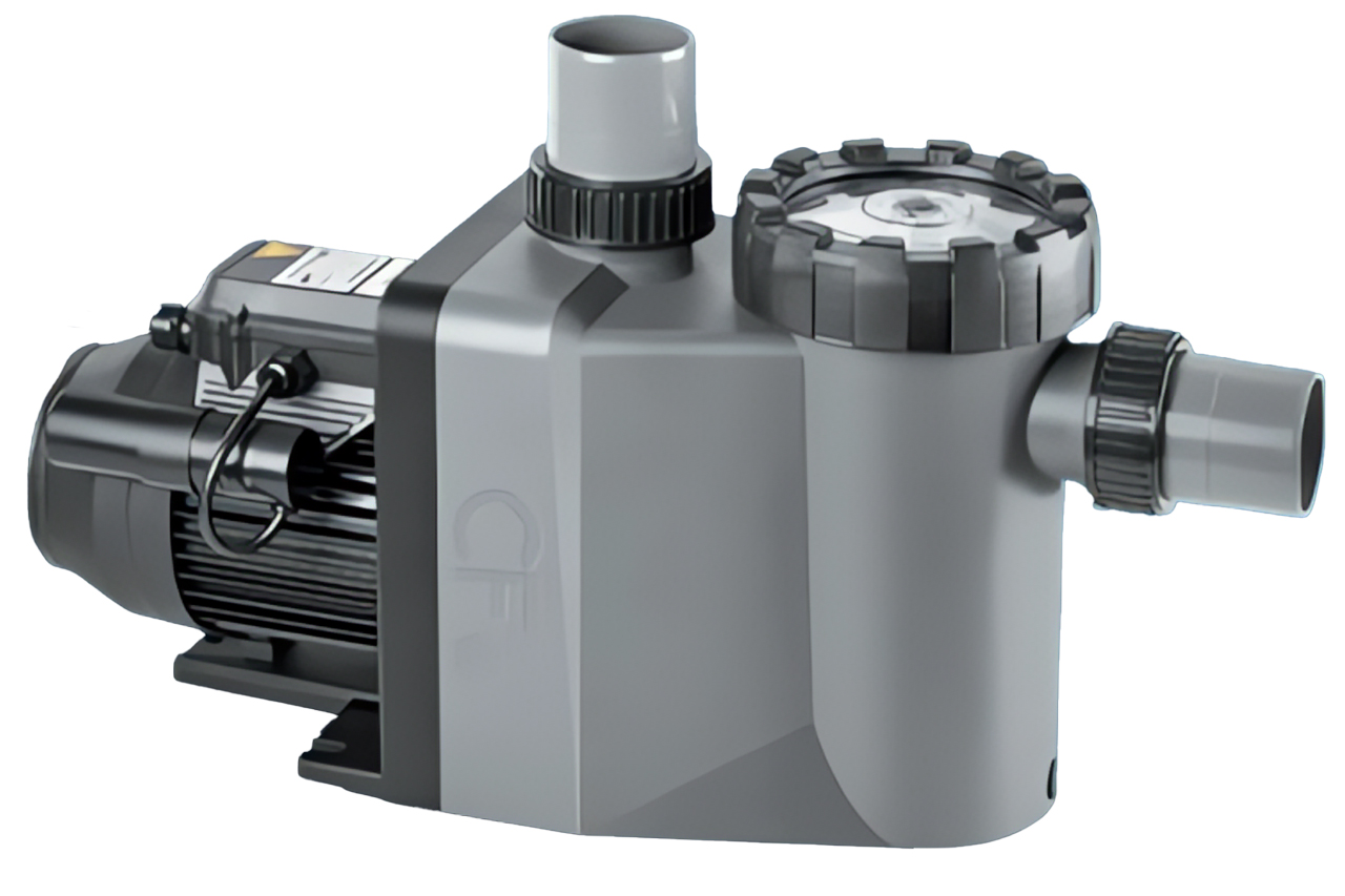 CF Premium Schwimmbadpumpe, Ansicht von schräg vorne mit Pumpenmotor und Filterkorb