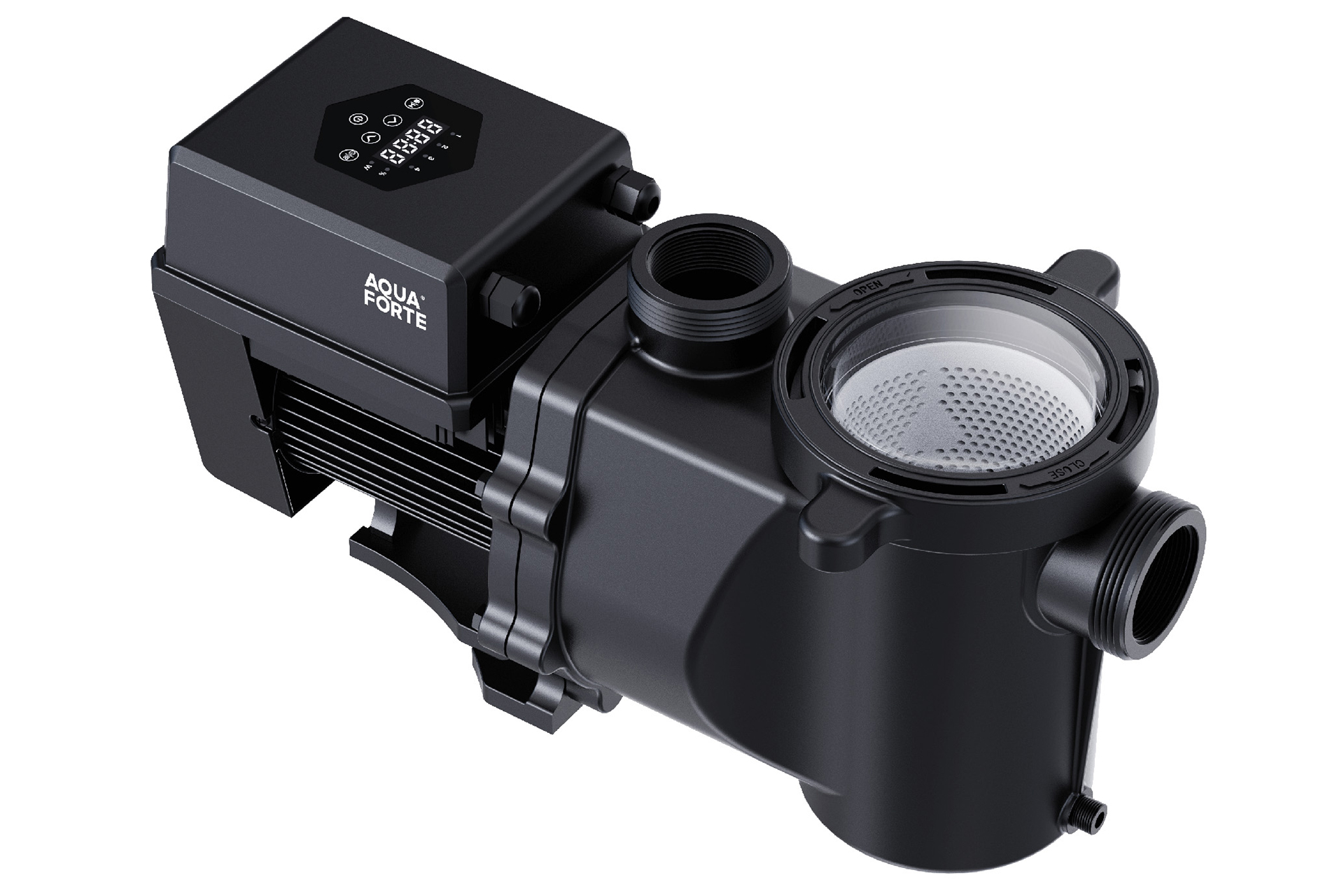 Zodiac InverGreen Eco IVS Poolpumpe, Ansicht von oben mit Display und Filterkorb