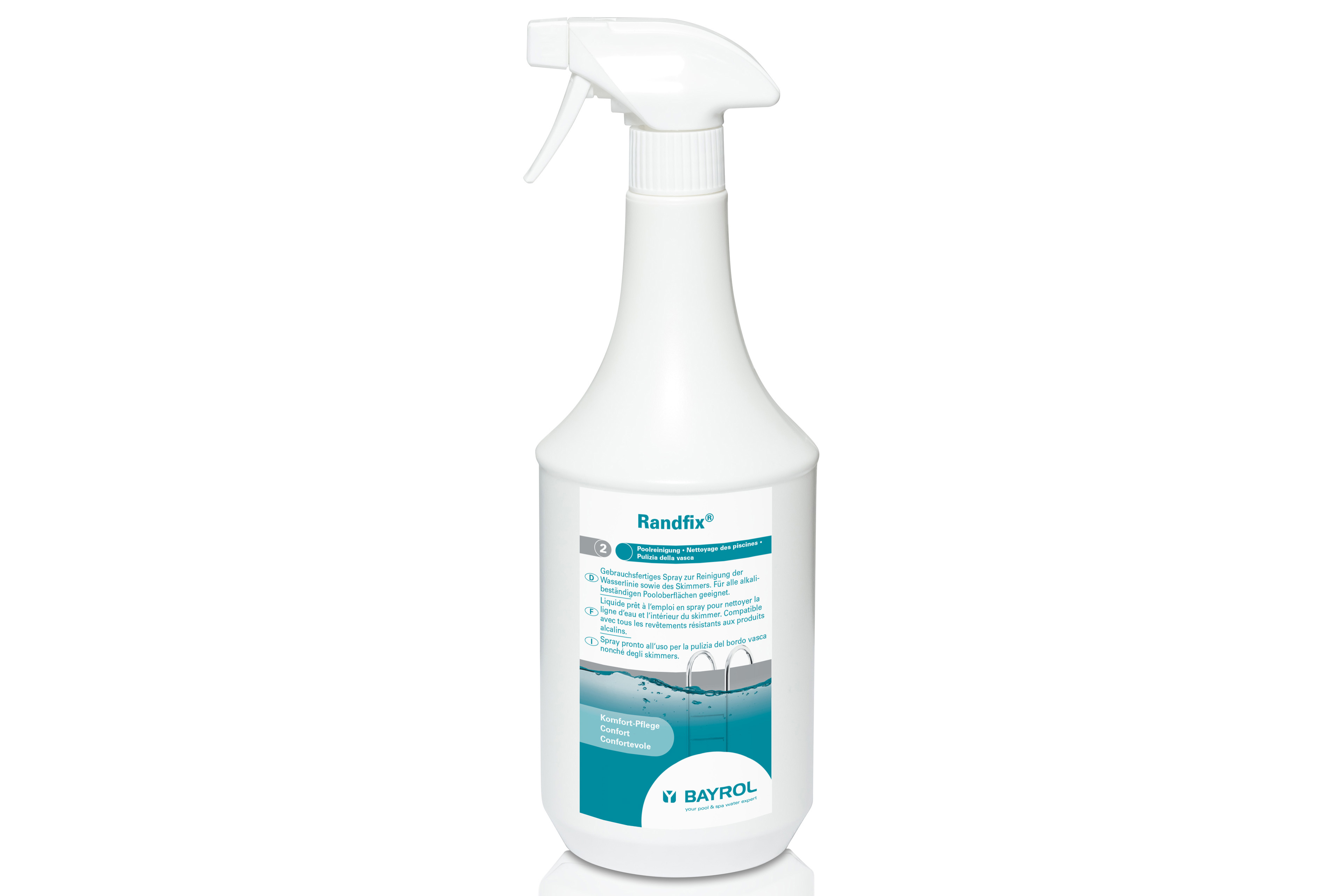Weiße Sprühflasche Bayrol Randfix Poolreiniger mit blau-weißem Etikett und Pool-Grafik.
