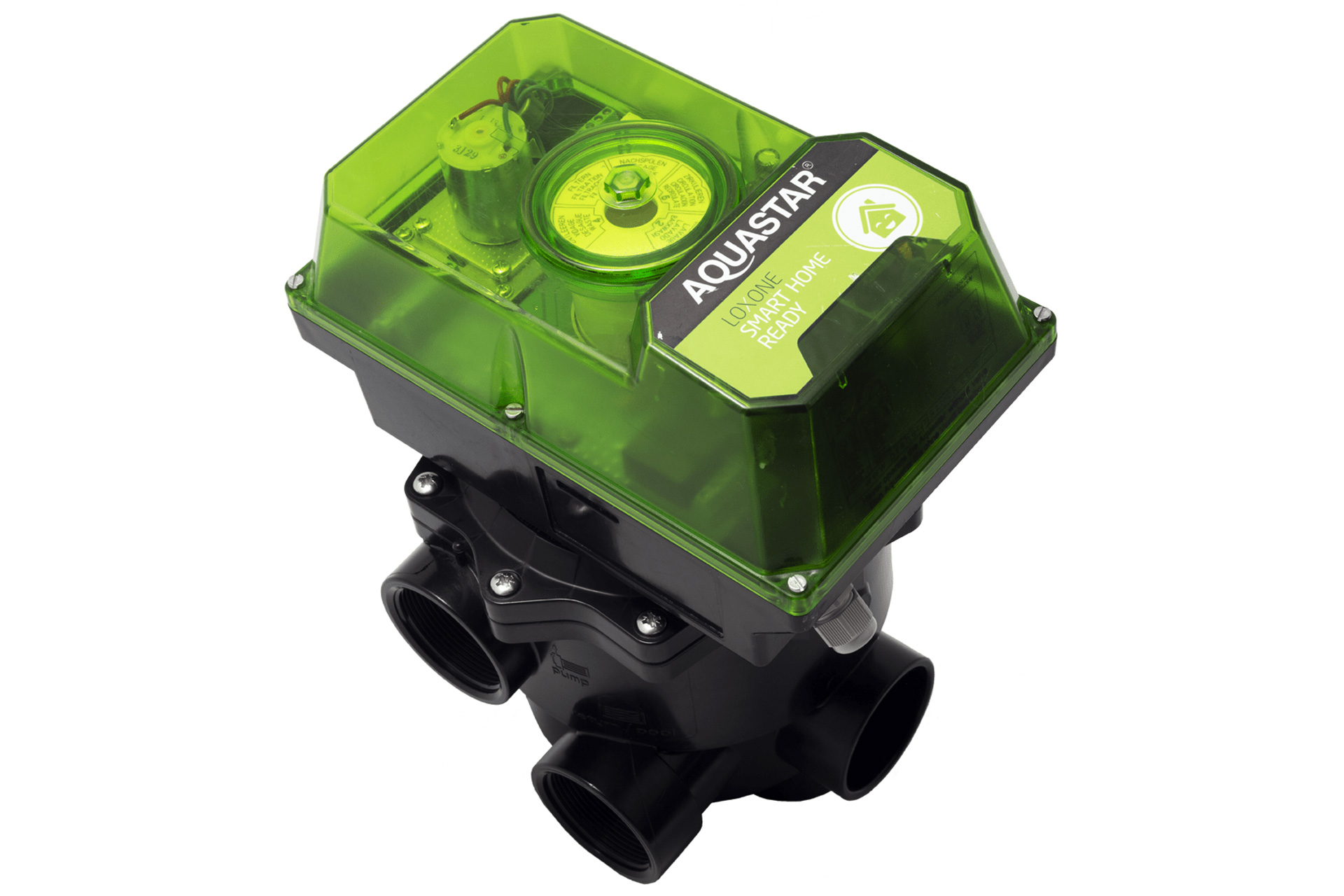 Loxone Aquastar Air Rückspülventil mit schwarzem Gehäuse und transparenter, grüner Abdeckung, schräg von oben