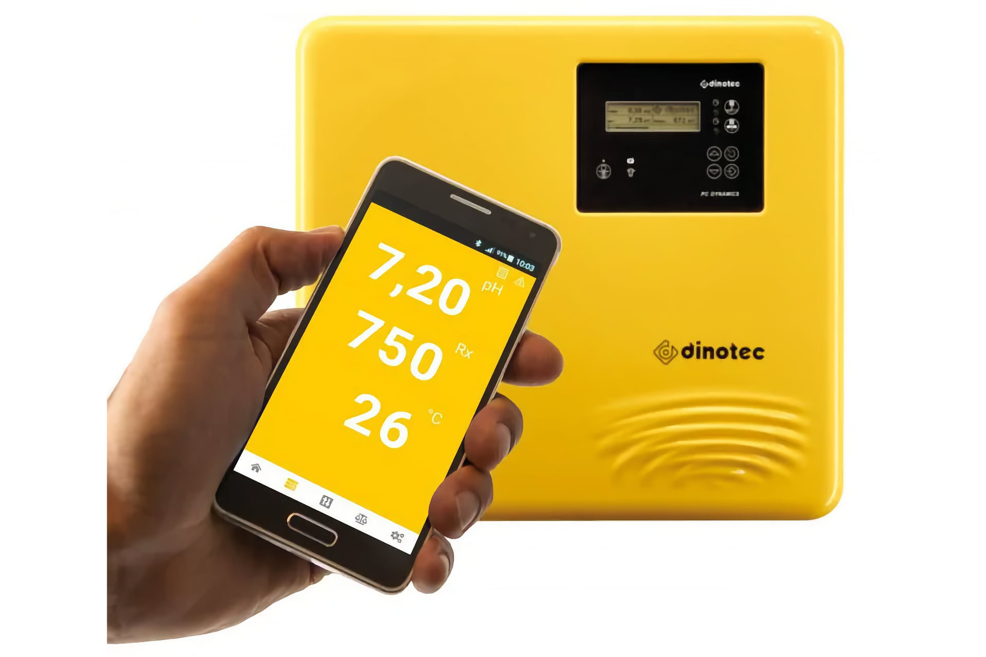 Gelbe Dinotec PC Dynamics Steuerung mit Smartphone-App zur Anzeige von pH-Wert, Redox und Temperatur.