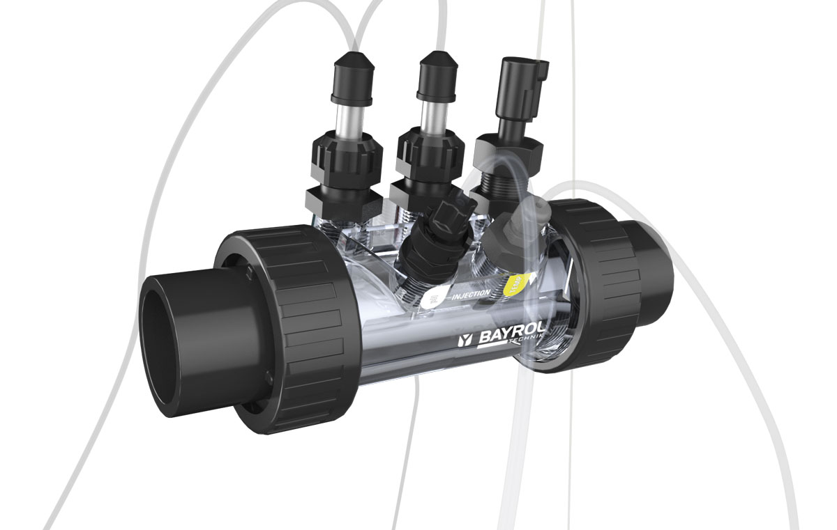 3D-Ansicht des Smart&Easy Connector Durchflusssensor-Kits von Bayrol mit transparentem Gehäuse und Anschlüssen