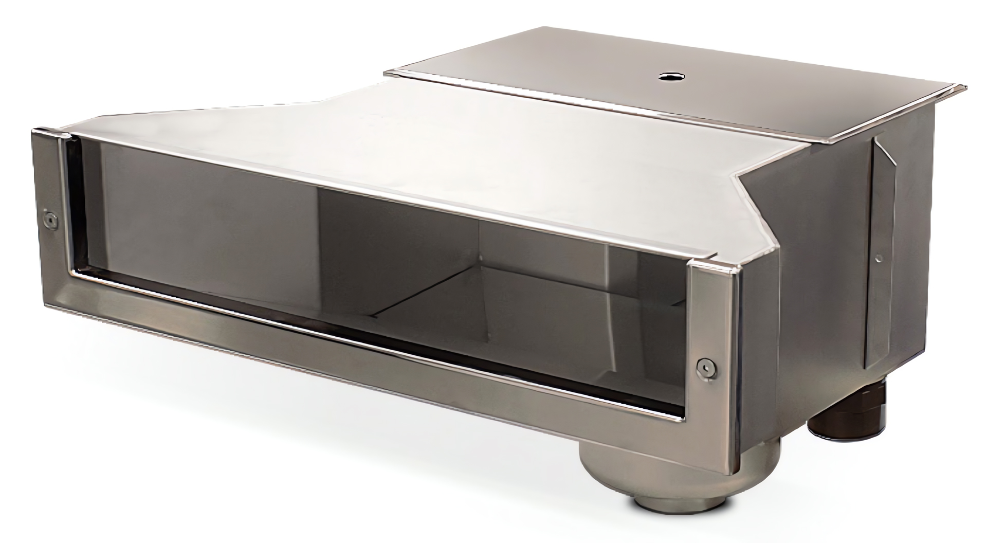 Edelstahl Slim Skimmer High Level, schräg von vorne oben, mit glänzender Oberfläche