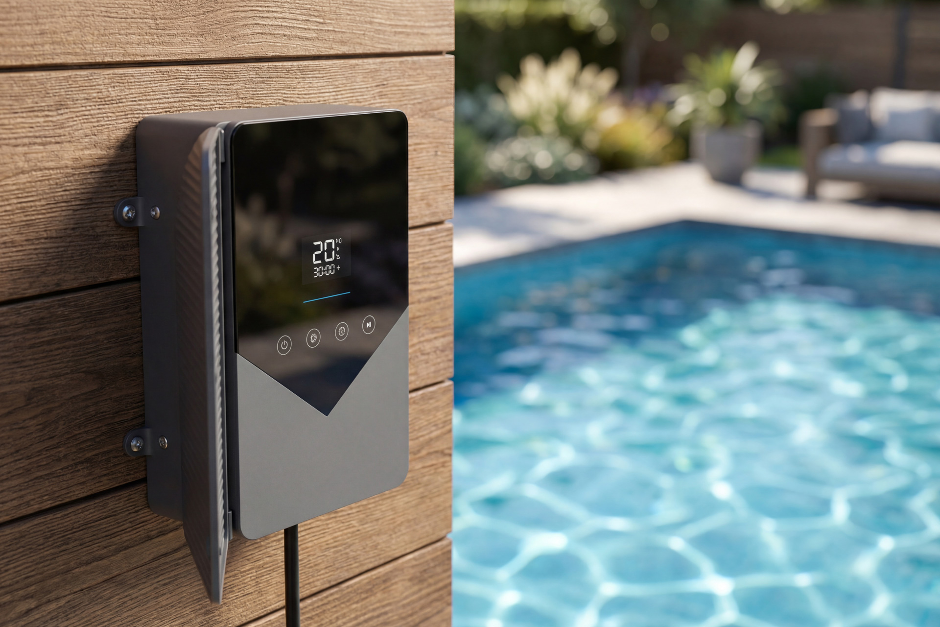 Aquagem Inverjet Gegenstromanlage mit Display und Bedienelementen, an Holzwand montiert, im Hintergrund ein Pool