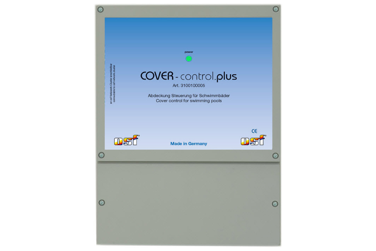 Cover-control.plus Poolabdeckungssteuerung, graues Gehäuse mit blauem Display und grüner Power-LED