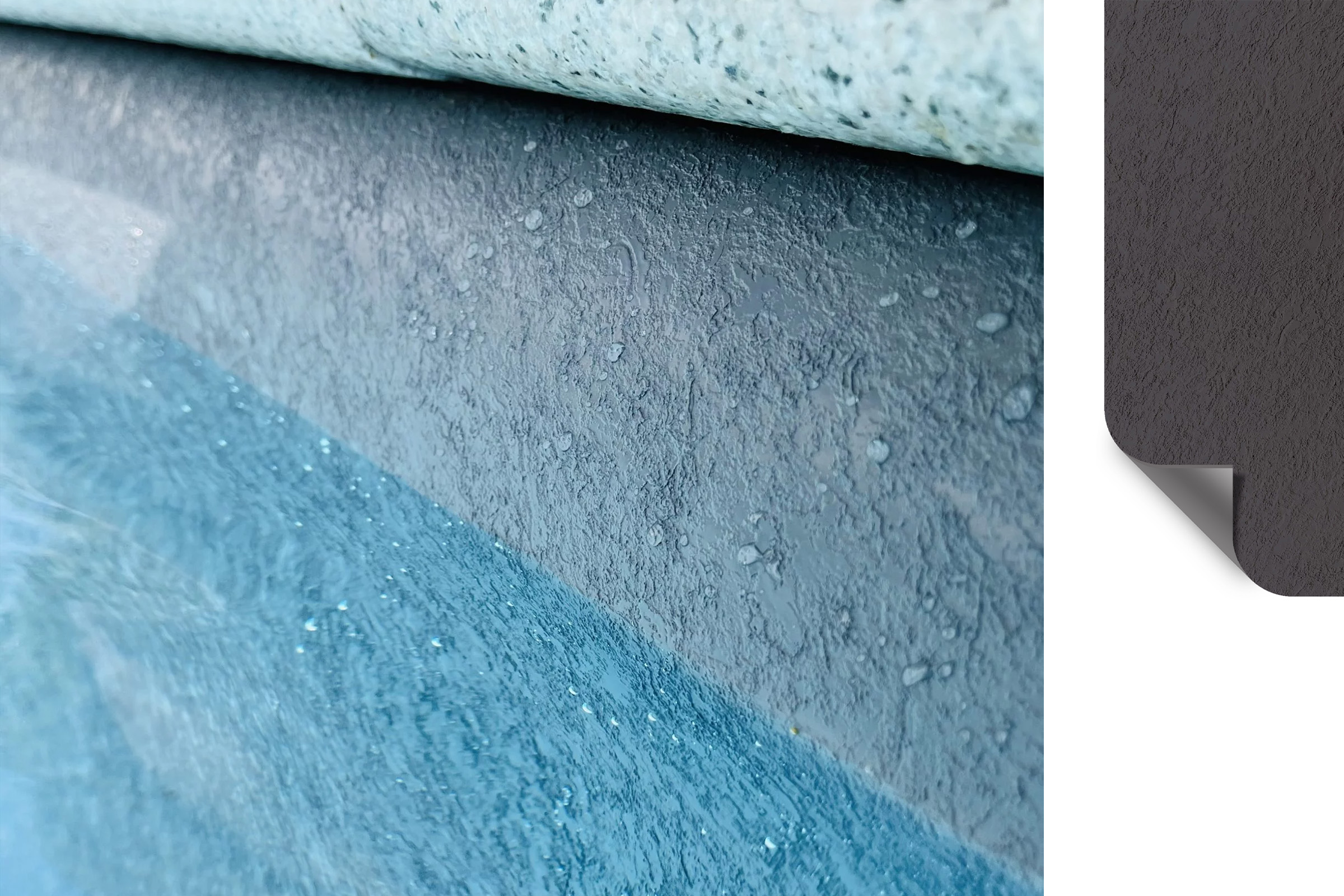 Dunkle Schwimmbadfolie mit strukturierter Oberfläche – ELBE motion Black Stone im Becken