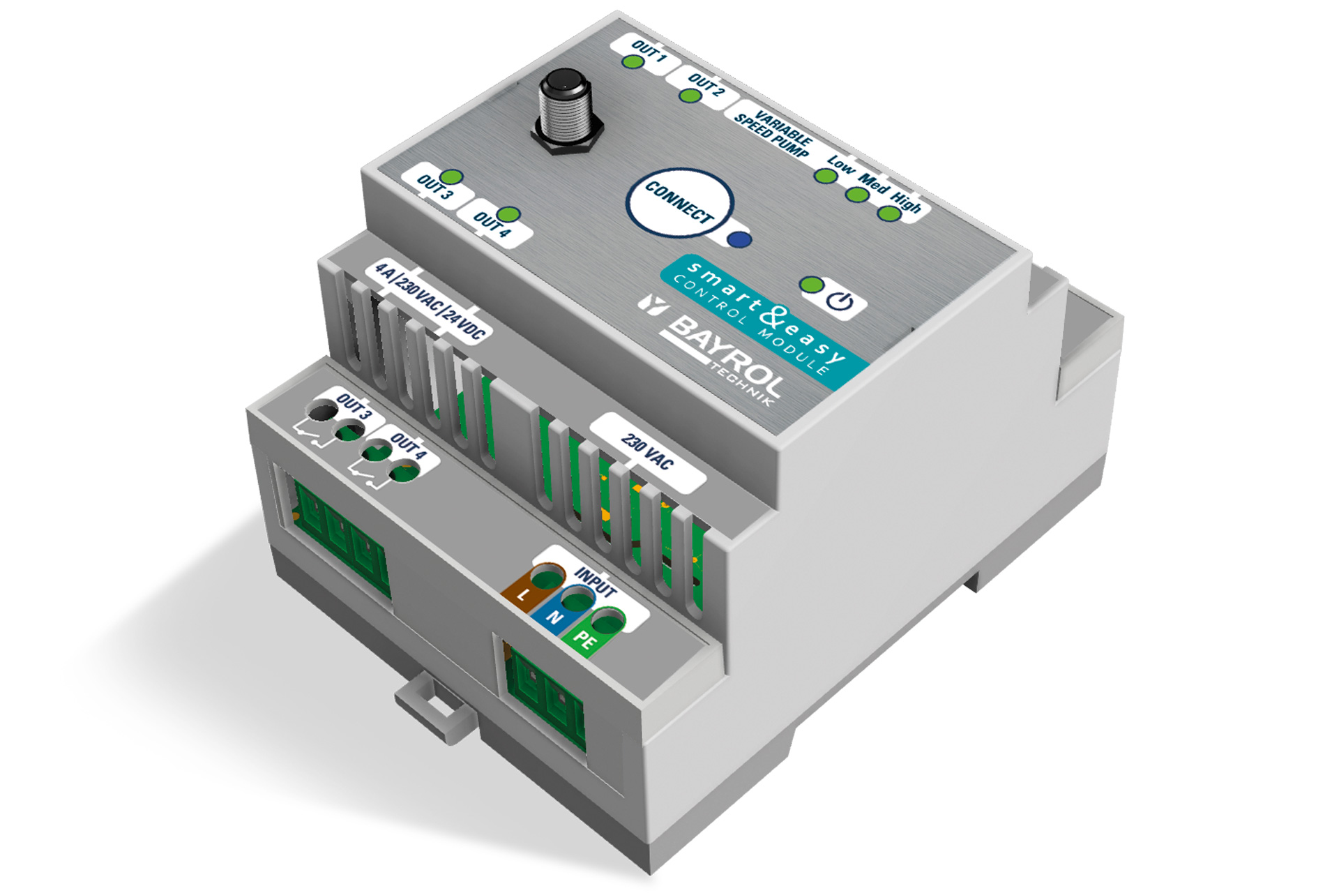 Smart&Easy Control Module für Bayrol Automatic, Aufsicht mit Anschlüssen und Bedienelementen