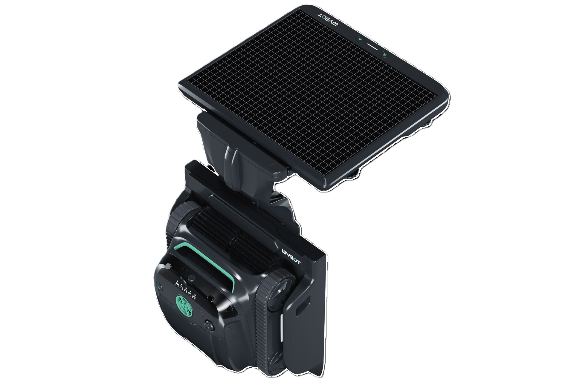 WYBOT S2 Solar Vision Poolroboter mit Solarpanel-Ladestation, schräg von oben