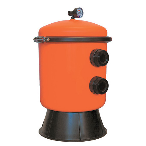 Filterkessel Classic, orangefarben mit schwarzem Standfuß und Manometer, Filterdurchmesser 350 mm