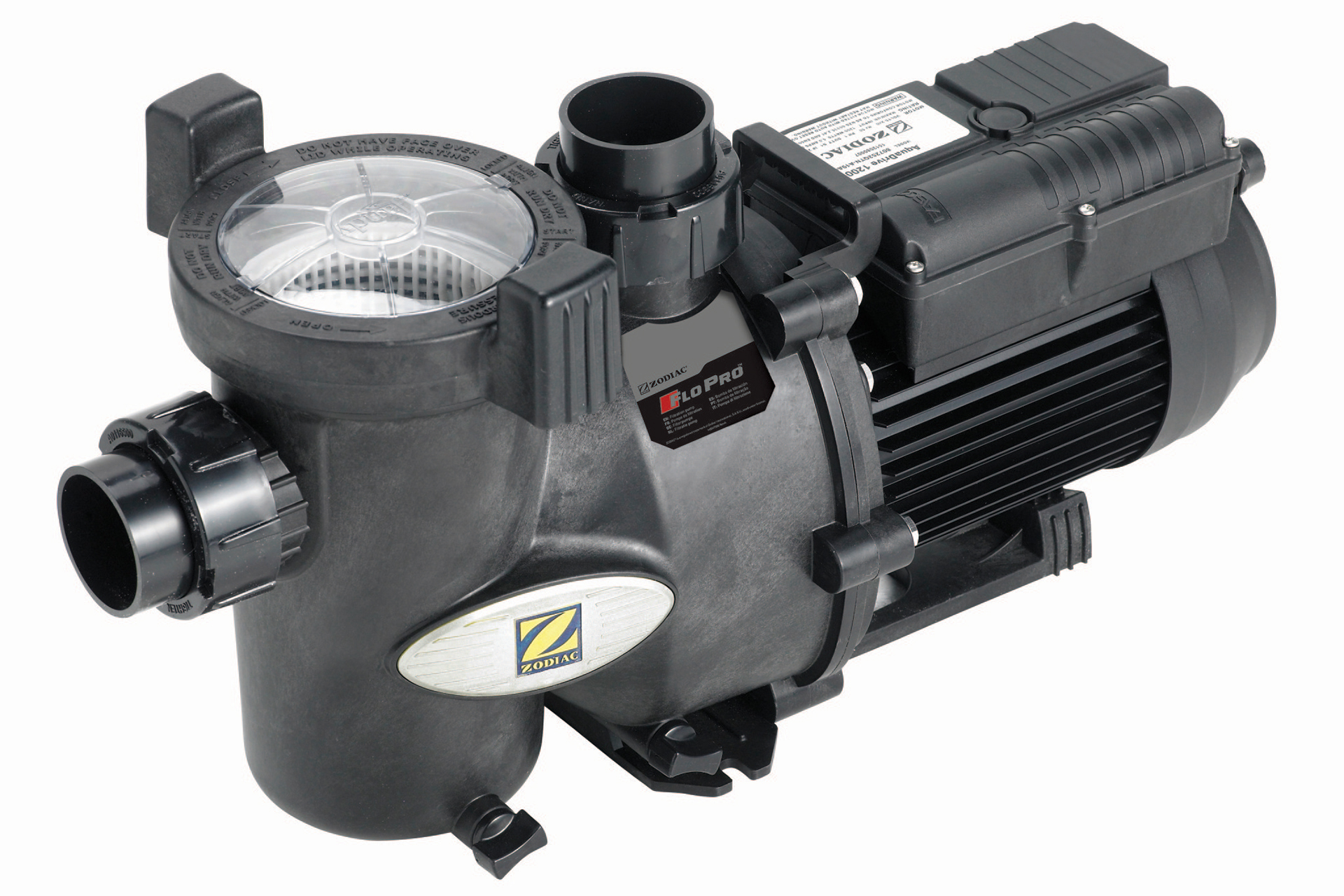 Zodiac FloPro Poolpumpe, schwarz, mit transparentem Vorfilterdeckel und Anschlüssen