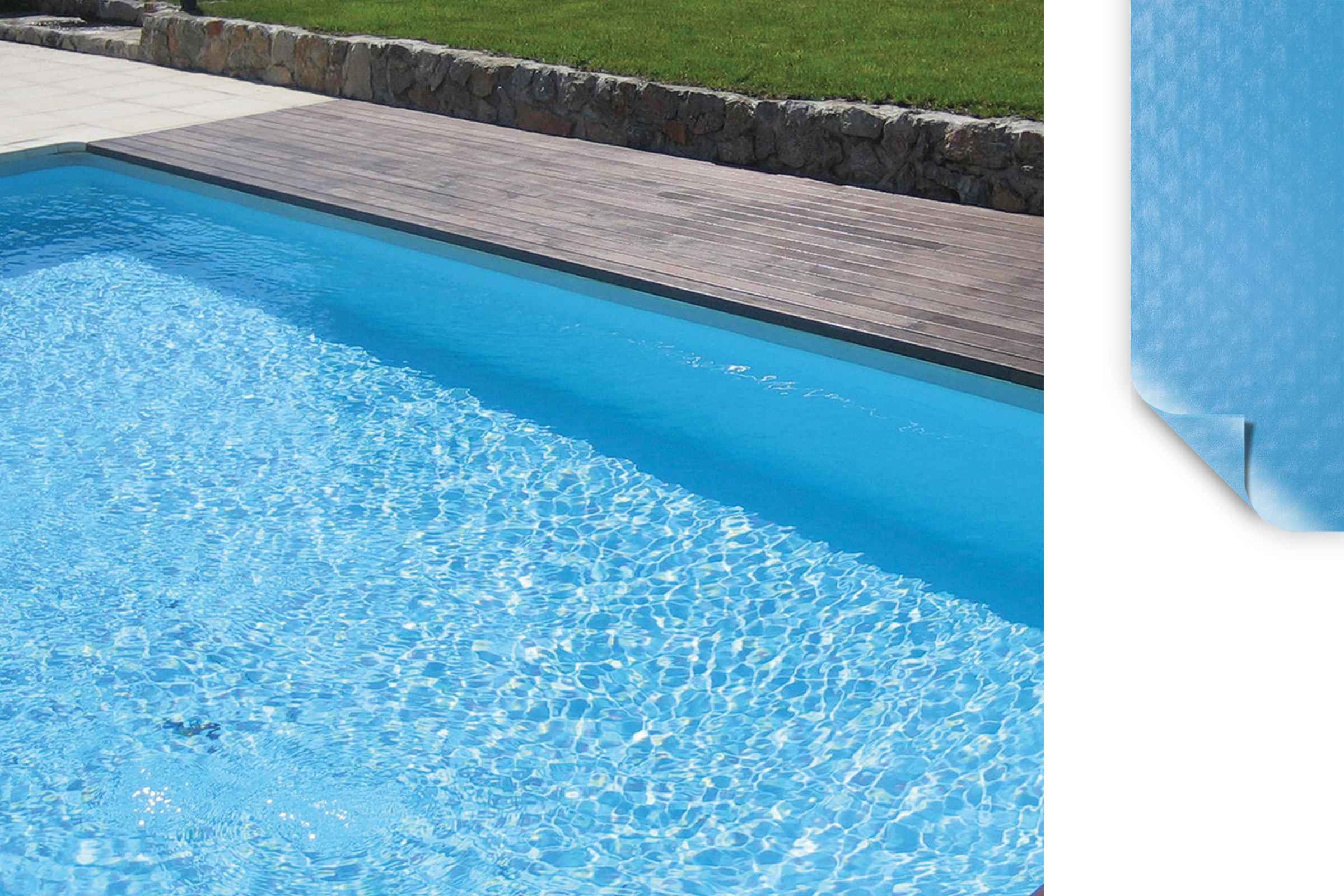 ELBE ELITE Schwimmbadfolie in Blue Sky, Detailansicht eines Pools mit Holzumrandung und Folienmuster