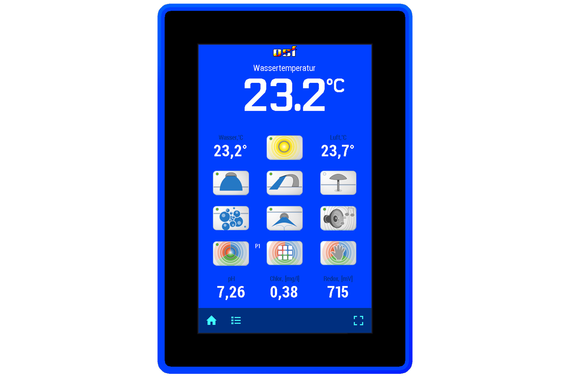 OSF Touch-50 exclusiv 7" Poolsteuerungs-Touchdisplay mit blauer Oberfläche und Wassertemperaturanzeige