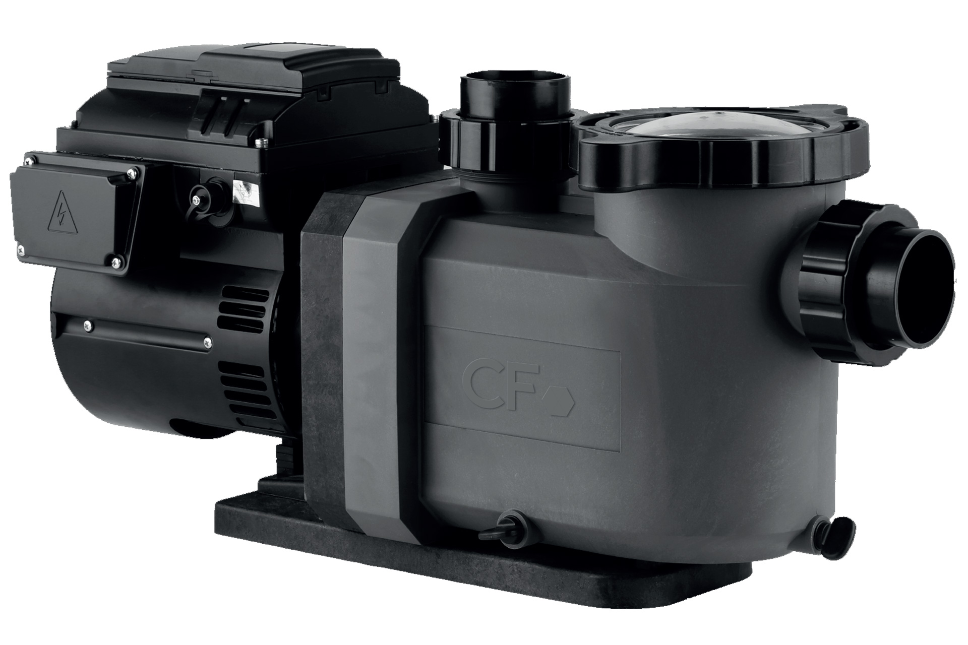 CF Comfort VS Schwimmbadpumpe mit variabler Drehzahl, Seitenansicht auf schwarzer Basis