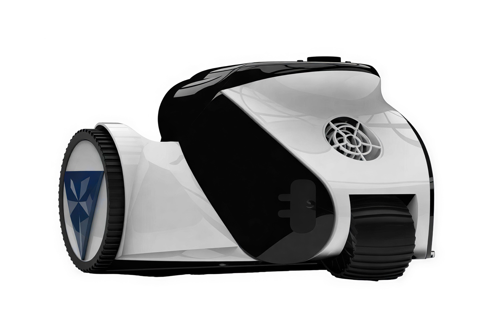 CF ZEN 20 Poolroboter in Schwarz-Weiß, Seitenansicht mit Rädern und Filteröffnung