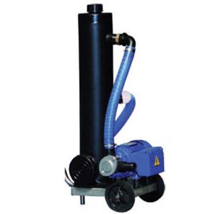 Blauer Teichschlammsauger Sludge Terminator mit schwarzem Filterbehälter und blauen Schläuchen auf Rollen.