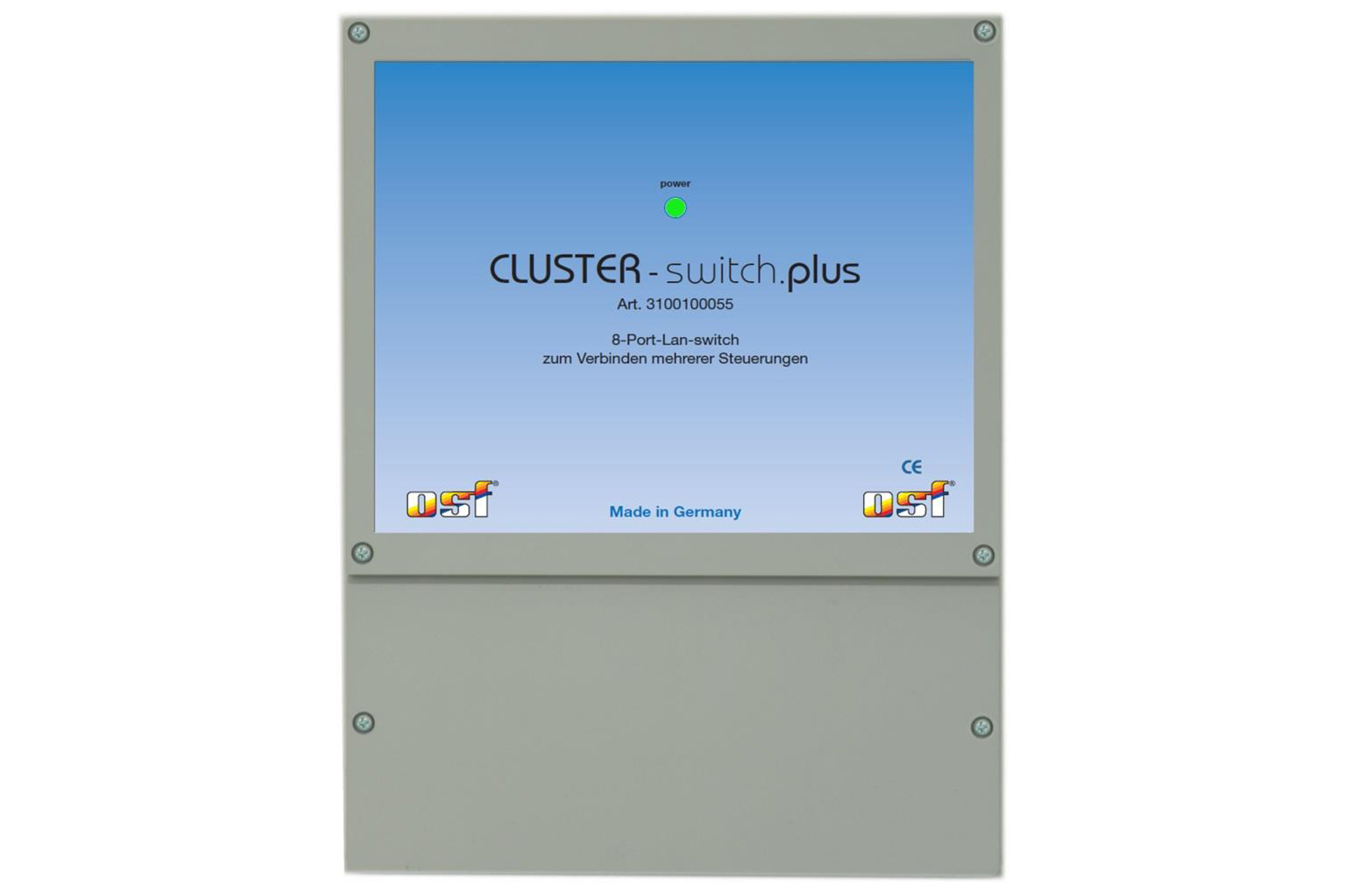 CLUSTER-switch.plus Netzwerkswitch für Poolsteuerungen, graues Gehäuse mit blauem Display und OSF-Logo