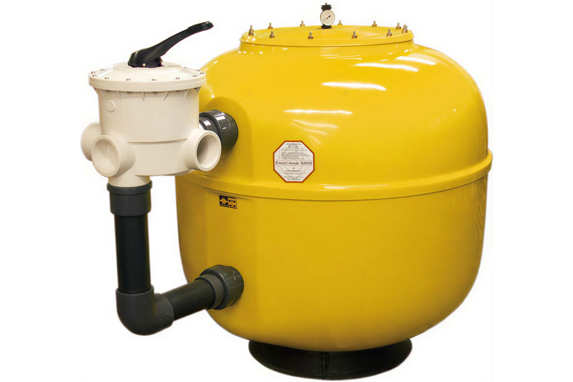 Gelber Filterbehälter Comfort XL mit Mehrwegeventil und Manometer