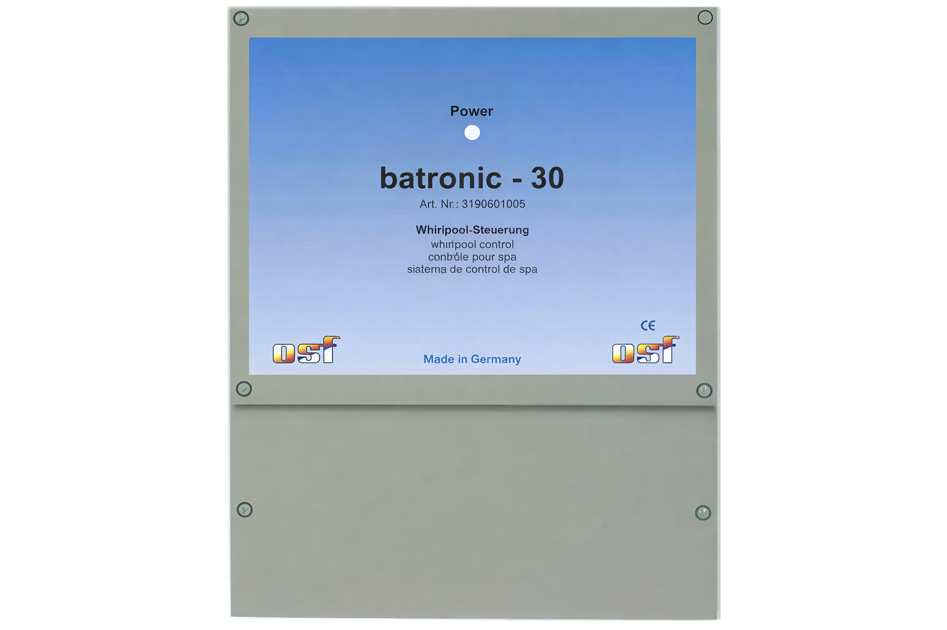 Vorderansicht der batronic-30 Whirlpool-Steuerung mit blauer Beschriftung und OSF-Logo