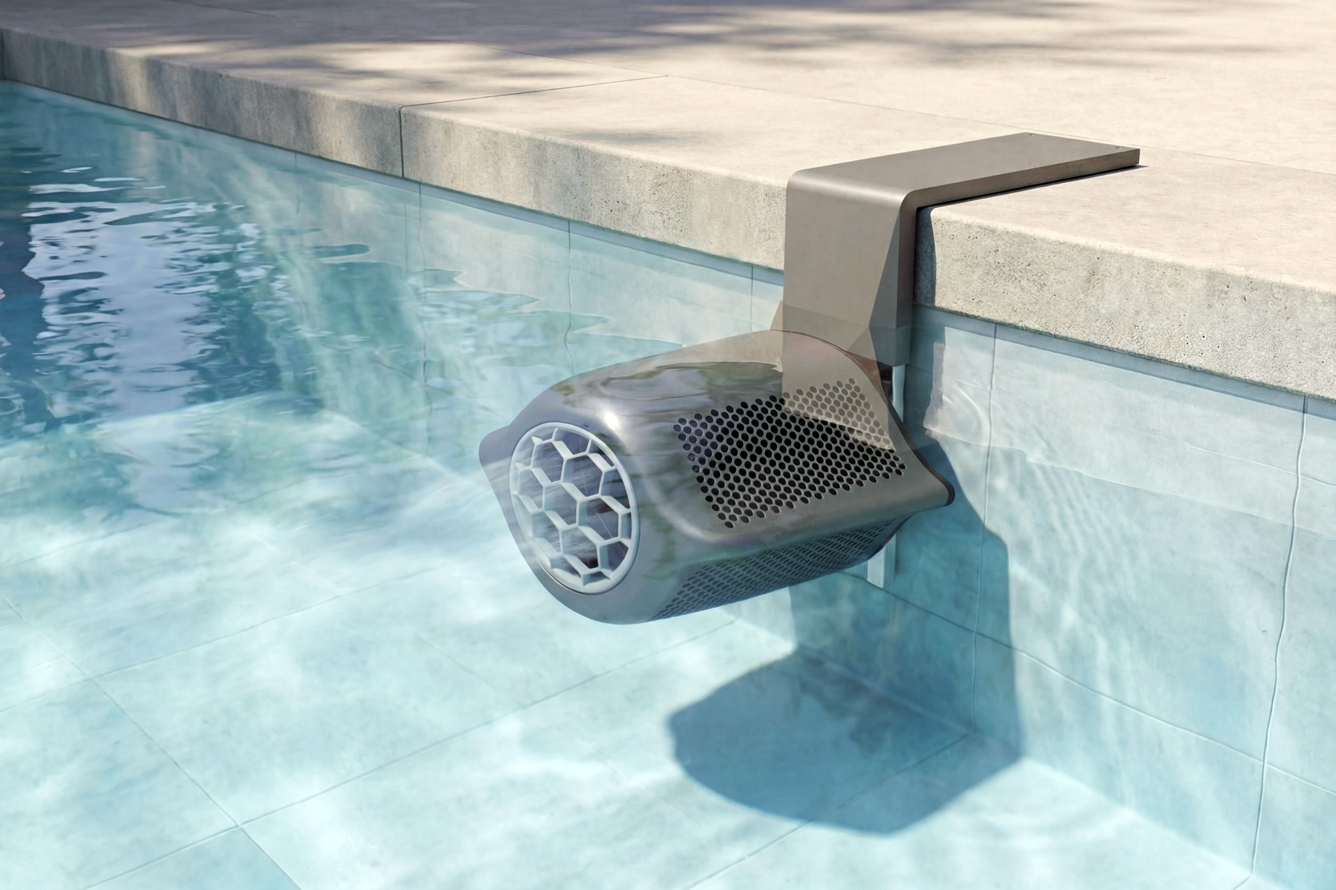 Aquagem Inverjet Gegenstromanlage am Poolrand, montiert und im Betrieb, erzeugt eine starke Wasserströmung.