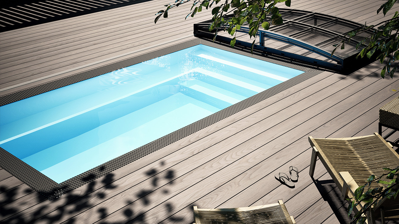 Detailaufnahme des Albixon PP Pool Mini Qbig in Weiß (2,25 x 3,75 m) mit Sydney Poolüberdachung