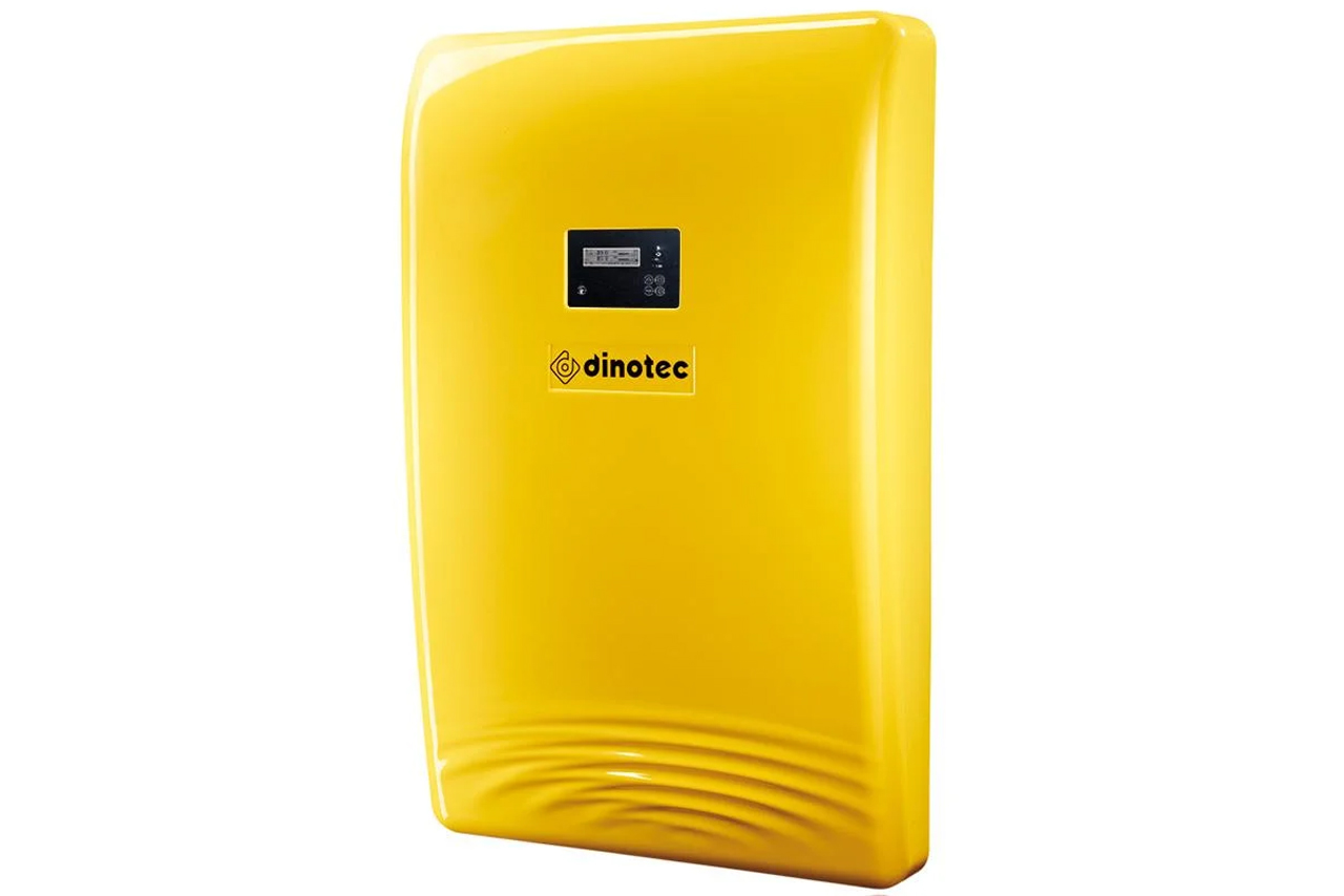 VoDes BlueWave Rohrzellen-Elektrolyseanlage, gelbes Gehäuse mit Display und dinotec-Logo
