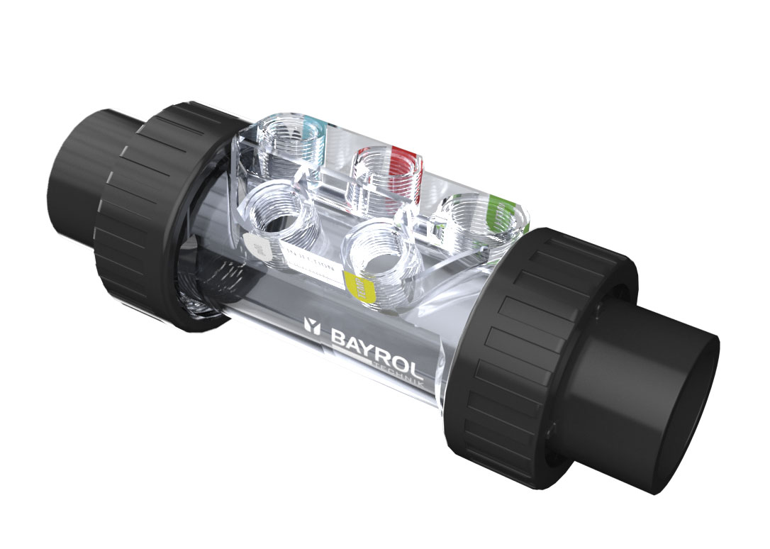 Smart&Easy Connector Durchflusssensor-Kit, transparentes Rohrstück mit farbigen Anschlüssen und Bayrol-Logo