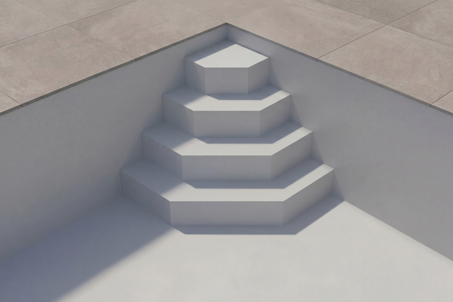 Upper Class Pooltreppe in Trapezform für Styroporsteinbecken, im leeren Pool mit Fliesenrand
