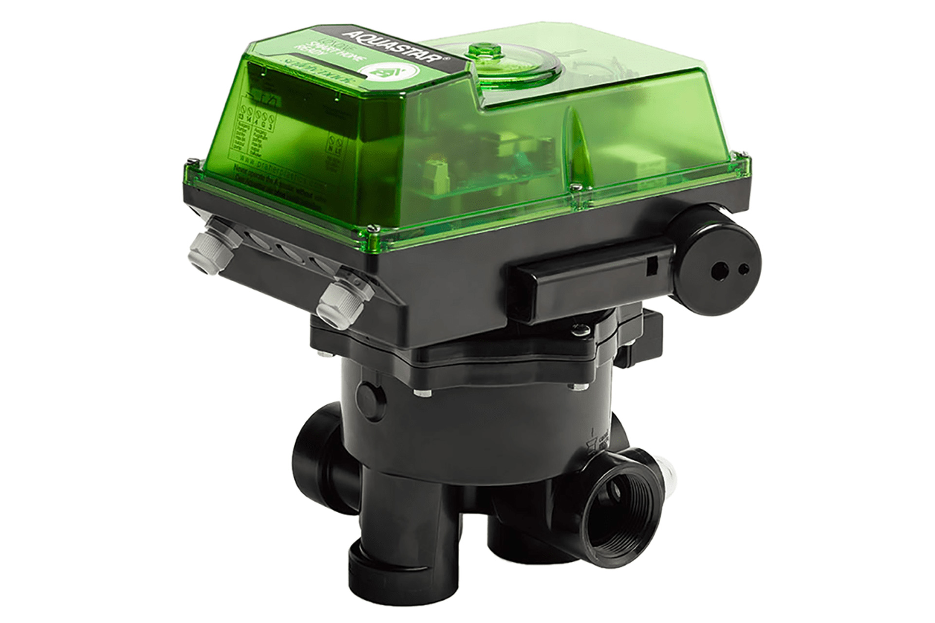 Loxone Aquastar Air Rückspülventil mit grünem transparenten Deckel und schwarzen Anschlüssen