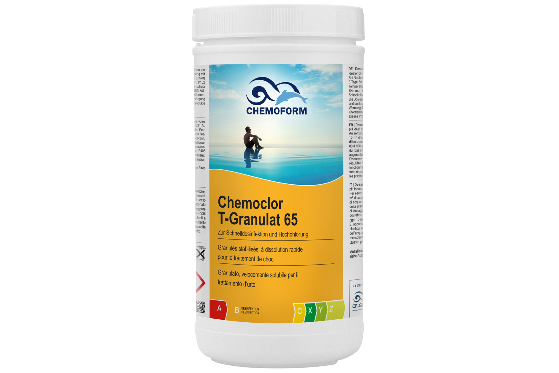 Chemoclor T-Granulat 65 in weißer Dose mit blau-orangem Etikett