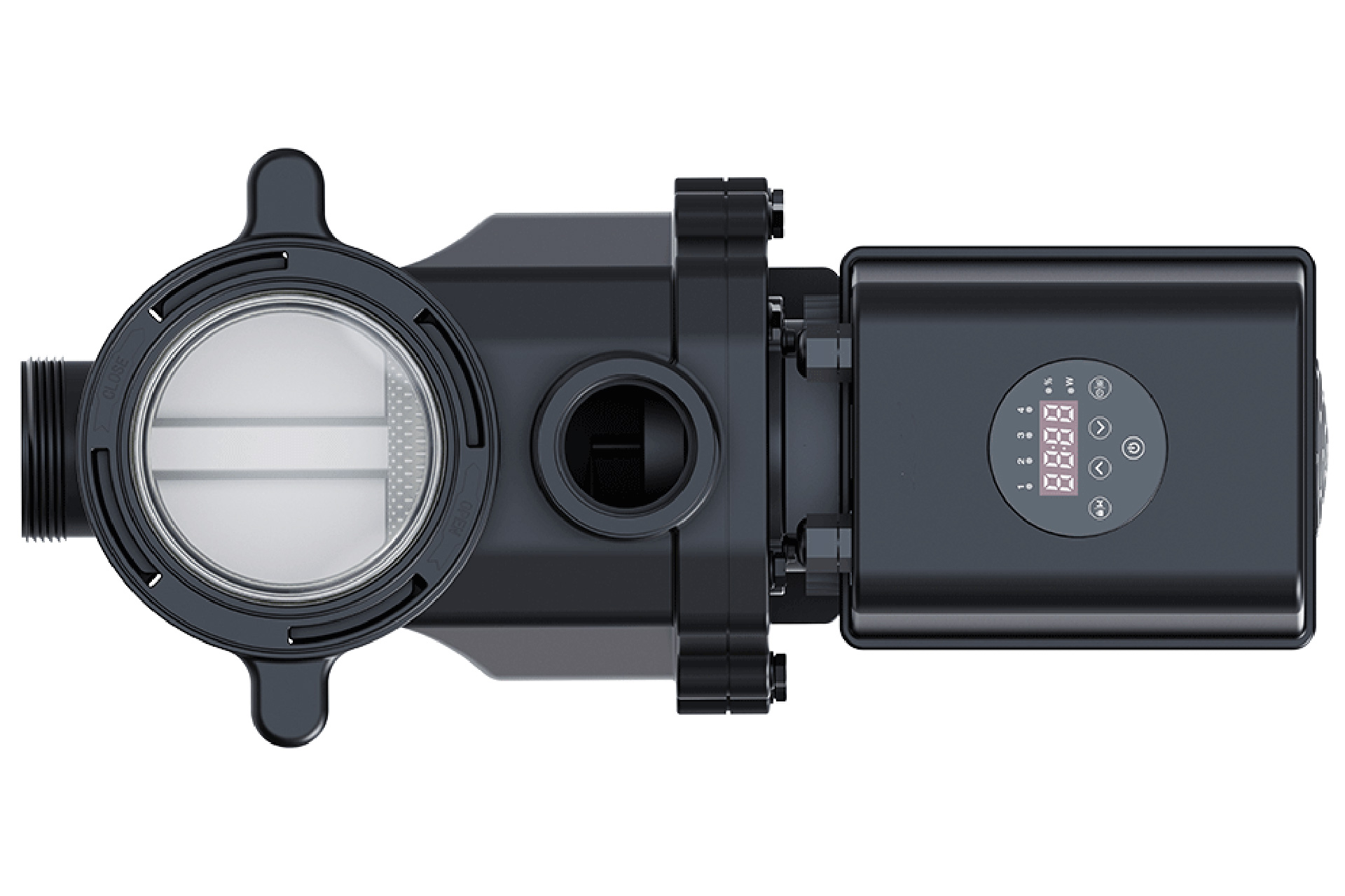 Inverquark InverEco Filterpumpe, Aufsicht mit Display und Vorfilter