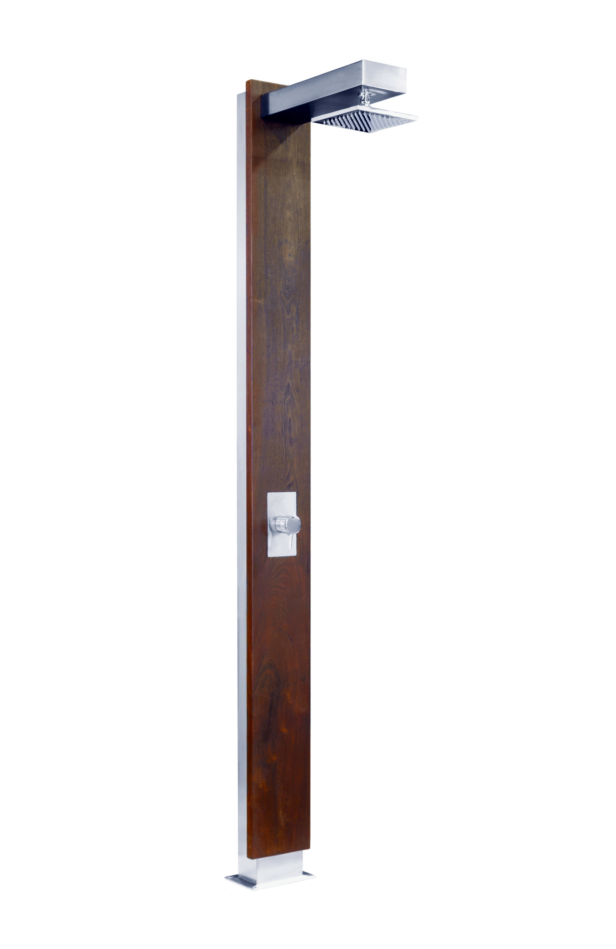 Detailansicht der Solardusche Pluvium mit Holzpaneel, Edelstahlrahmen, quadratischem Duschkopf und Mischhebel.