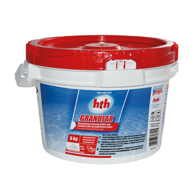 Weißer Eimer HTH Granular anorganisches Chlor Granulat mit rotem Deckel und blauem Etikett, 5 kg