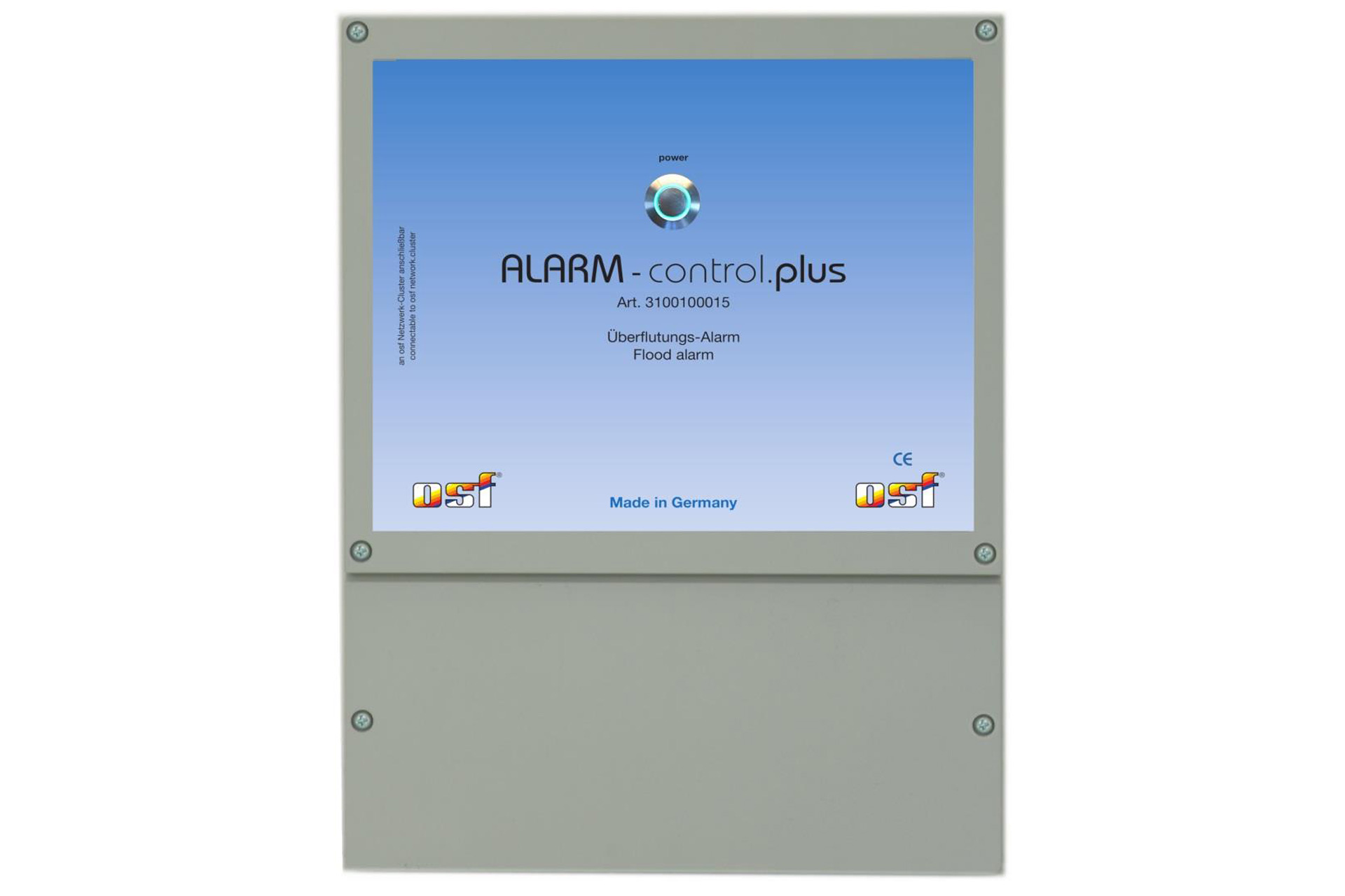 ALARM-Control.plus Störmeldesystem für Pools, graues Gehäuse mit blauem Display und OSF-Logo