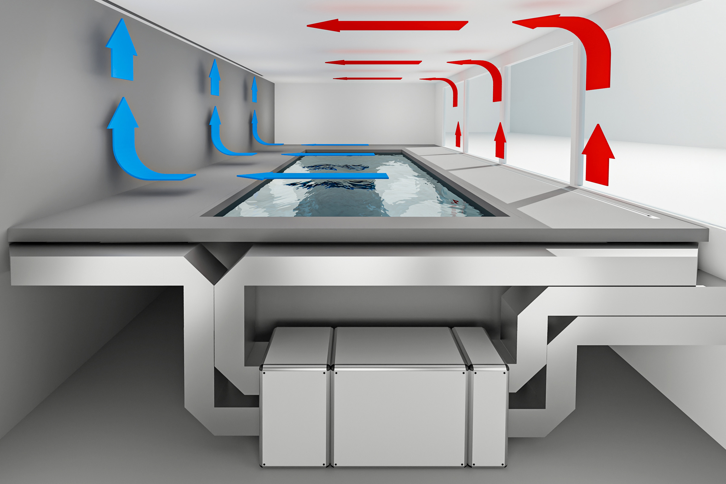 Hochleistungsgerät mit zweistufiger Wärmerückgewinnung inklusive Rekuperator. Visualisiert die kombinierte Außen- und Fortluftführung mit interner Luftaufbereitung und Energiesparfunktion.