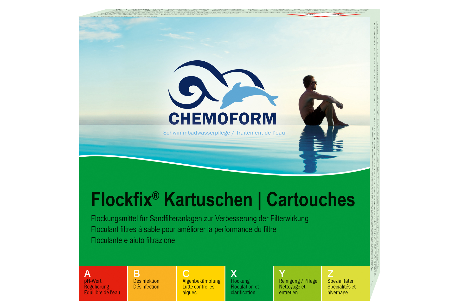 Chemoform Flockfix Kartuschen 8x125g, Produktverpackung mit Logo und Anwendungsbereichen