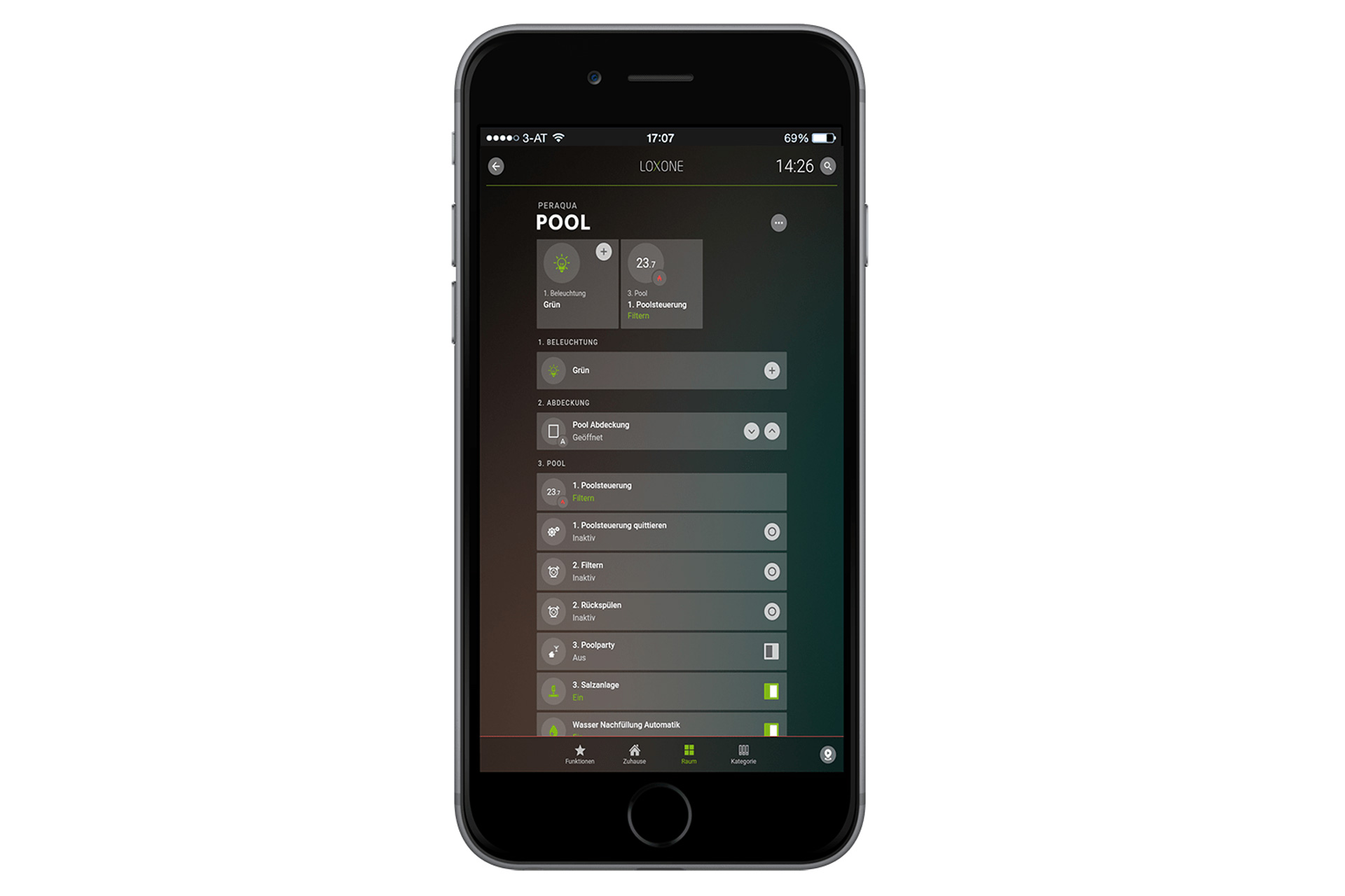Loxone App auf einem Smartphone zur Steuerung der Poolfunktionen, inklusive Rückspülung.